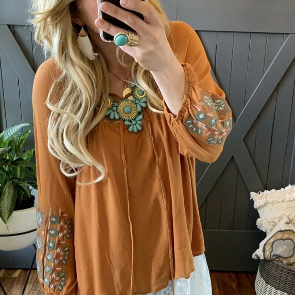 Plus Size Embroidered Long Sleeve Mustard Blouse - Picture 2 of 8